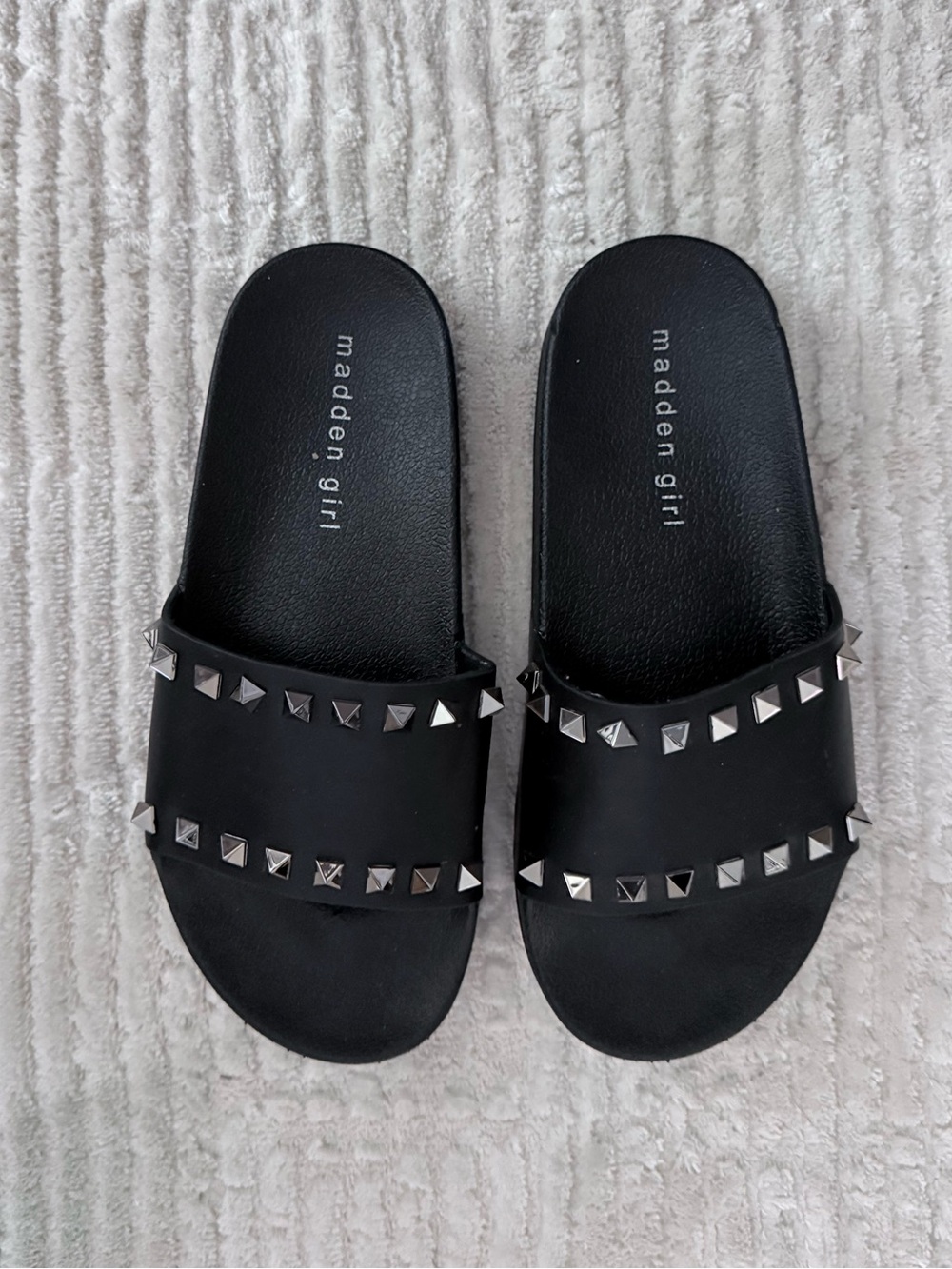 Madden Girl Black Slide Sandals with Silver Pyramid Studs